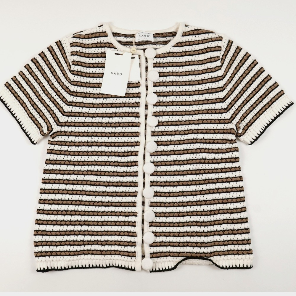 Sabo Skirt Scottie Top Short Sleeve Crochet Cardigan Brown White Striped Med NWT